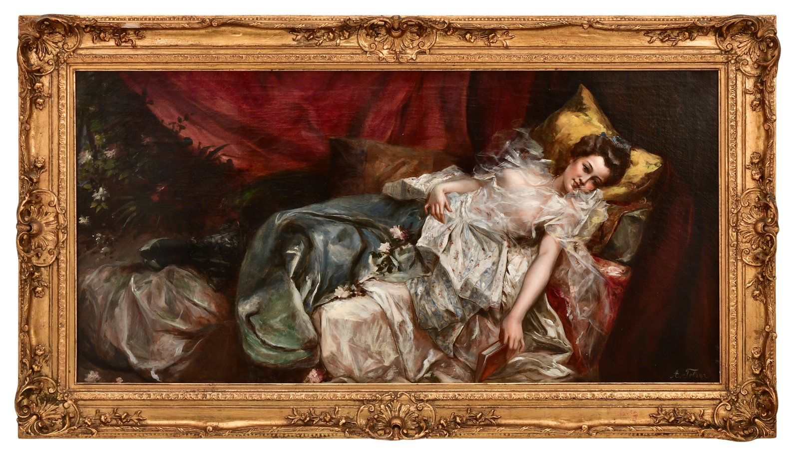 Anton Telser (Austrian 1861-1942), Reclining Female: Anton Telser(Austrian 1861-1942)Reclining Femaleoil on canvassigned "A. Telser" (lower right)24 x 49 inches (sight)33 x 58 inches (frame)
