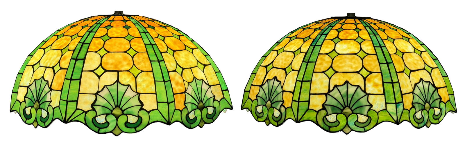 Duffner & Kimberly, Pair of "Shell" Chandeliers: Duffner & Kimberly(New York, est. 1905)Pair of "Shell" Chandelierscirca 1910leaded glass, patinated bronze13 x 29 inchesProvenance: Important Private Collection