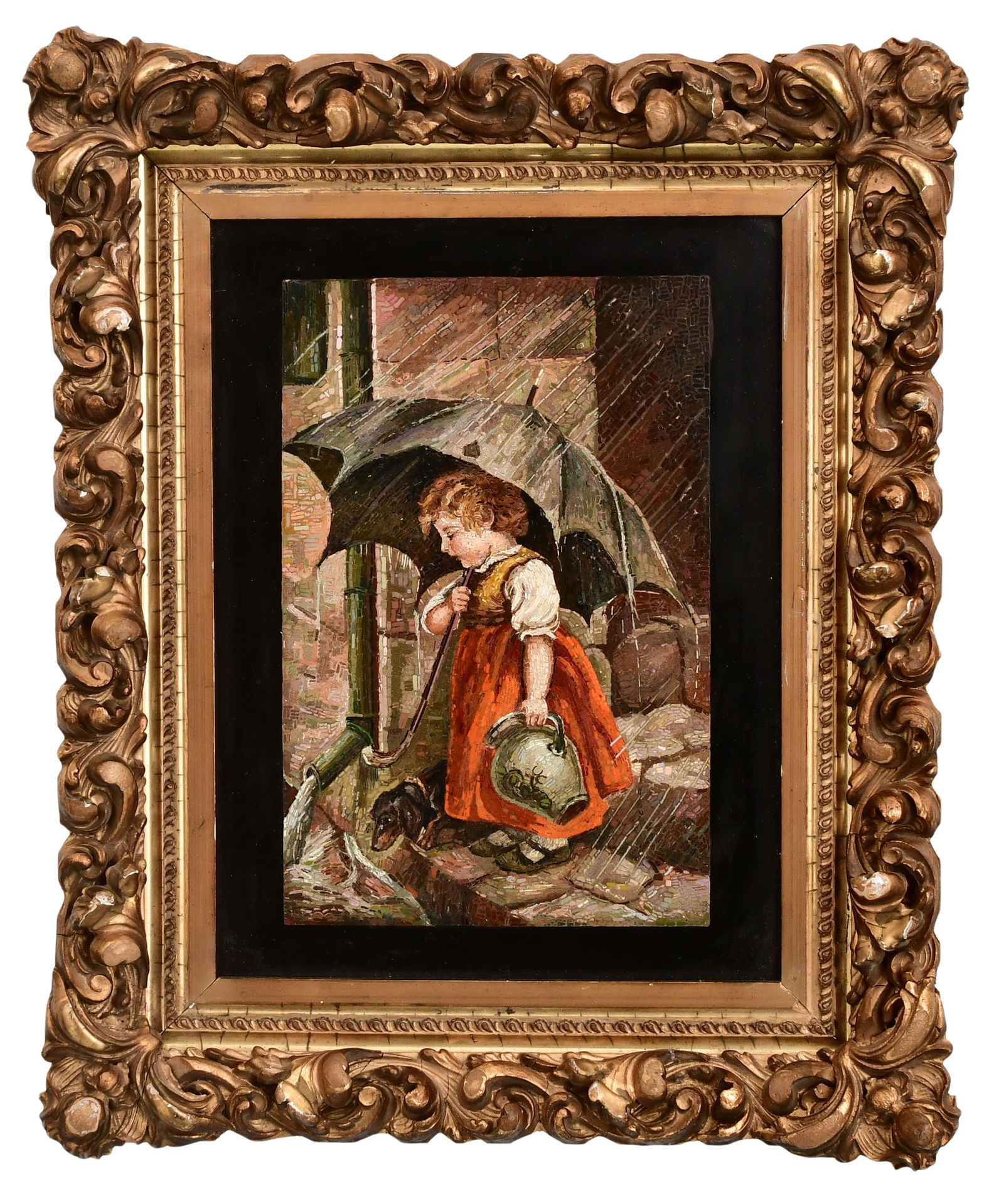 Italian Micromosaic Plaque of a Child & Dog in the Rain (1 of 4)