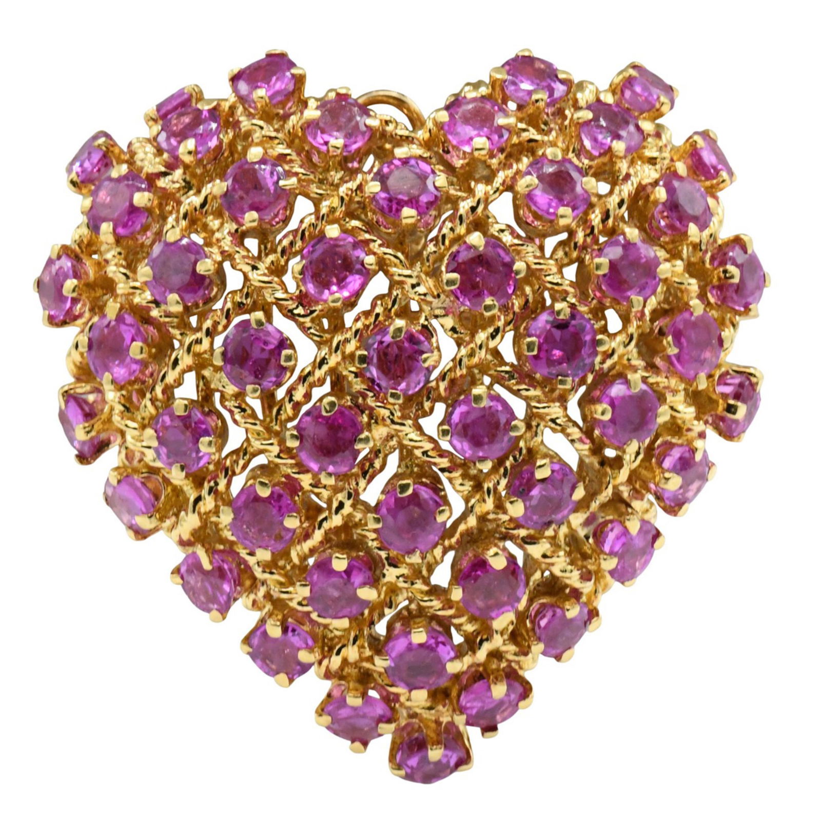 Tiffany & Co. 18K Yellow Gold & Ruby Heart Brooch/Pendant: Tiffany & Co. 18K Yellow Gold & Ruby Heart Brooch/Pendant• set with round faceted rubies weighing a total of 4.84 carats• 1 3/8 inches (length)• 10.5 dwt (total weight)Other Notes: F