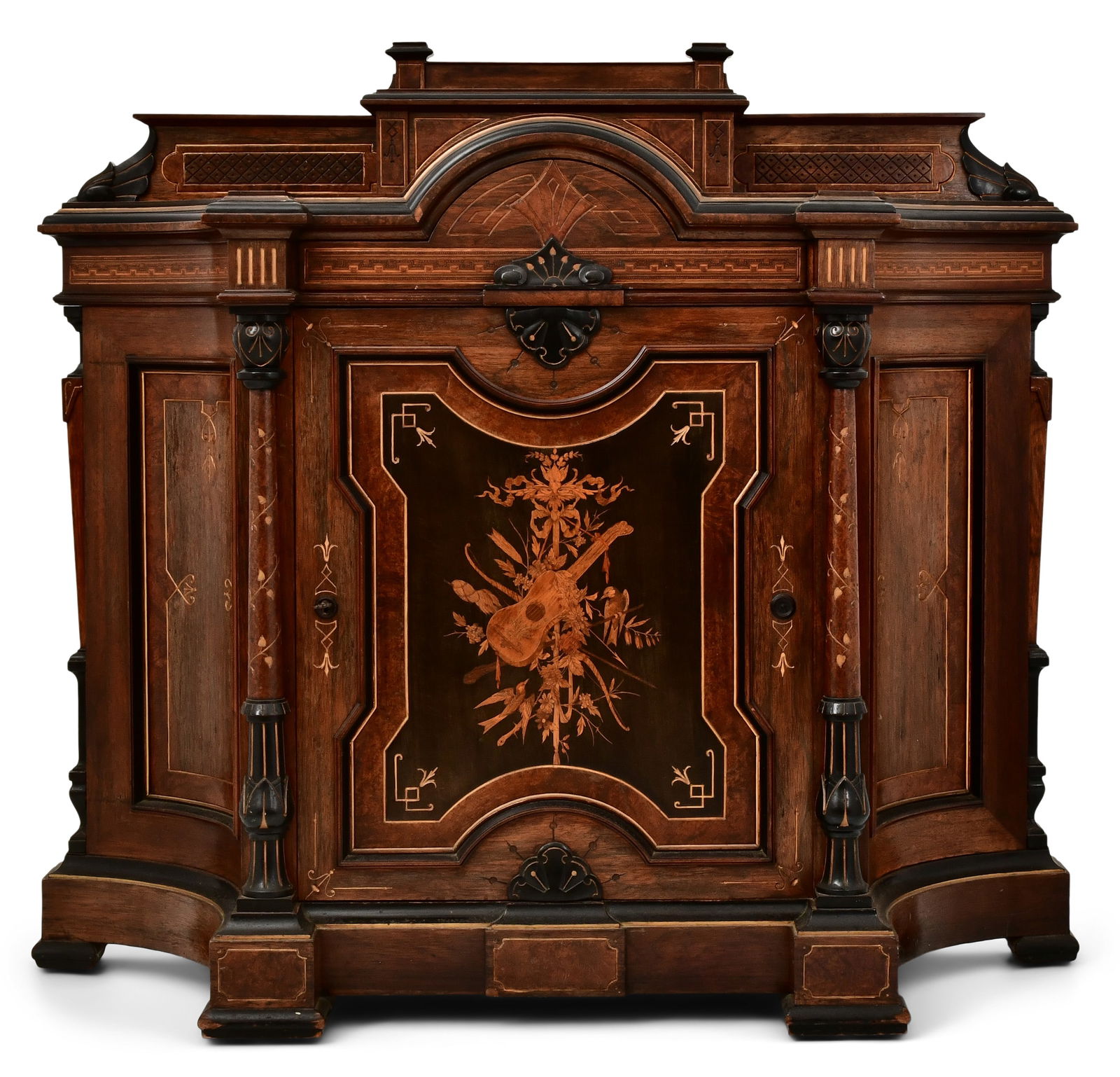American Renaissance Revival Inlaid, Ebonized & Parcel-Gilt Walnut Credenza: American Renaissance Revival Inlaid, Ebonized & Parcel-Gilt Walnut Credenzacirca 187053 1/2 x 61 x 21 1/2 inchesProvenance: Private Collection, Boston, Massachusetts