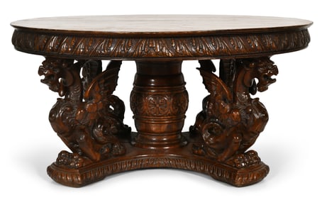 American Figural Carved Oak Dining Table with Winged Griffins