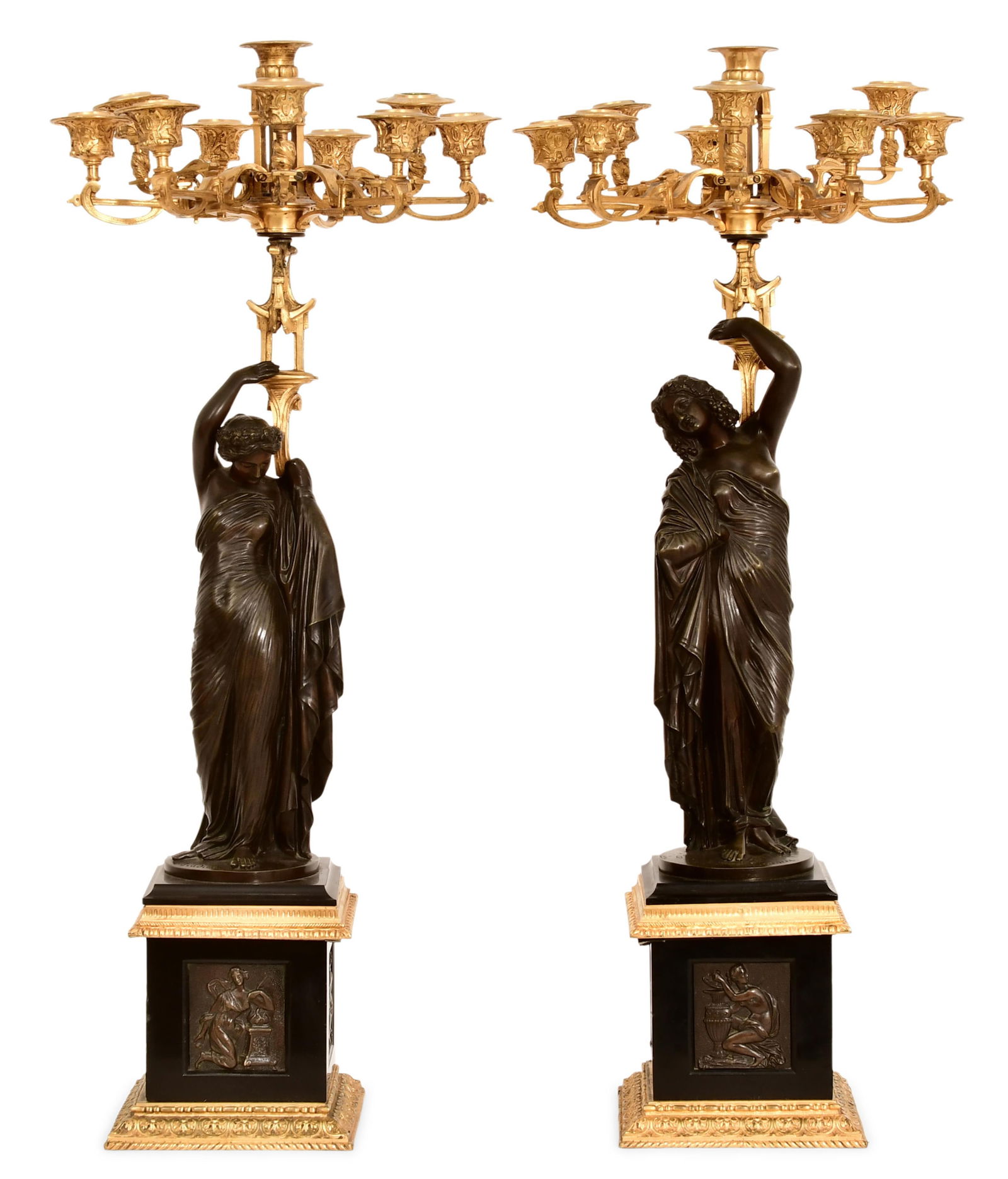 A Pair of French Gilt & Patinated Bronze Ten-Light Figural Candelabra: A Pair of French Gilt & Patinated Bronze Ten-Light Figural Candelabra late 19th century 30 x 12 inches
