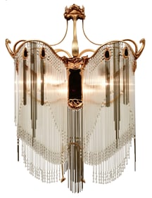 Attr. Hector Guimard (French, 1867-1942), Art Nouveau Bronze & Glass Chandelier