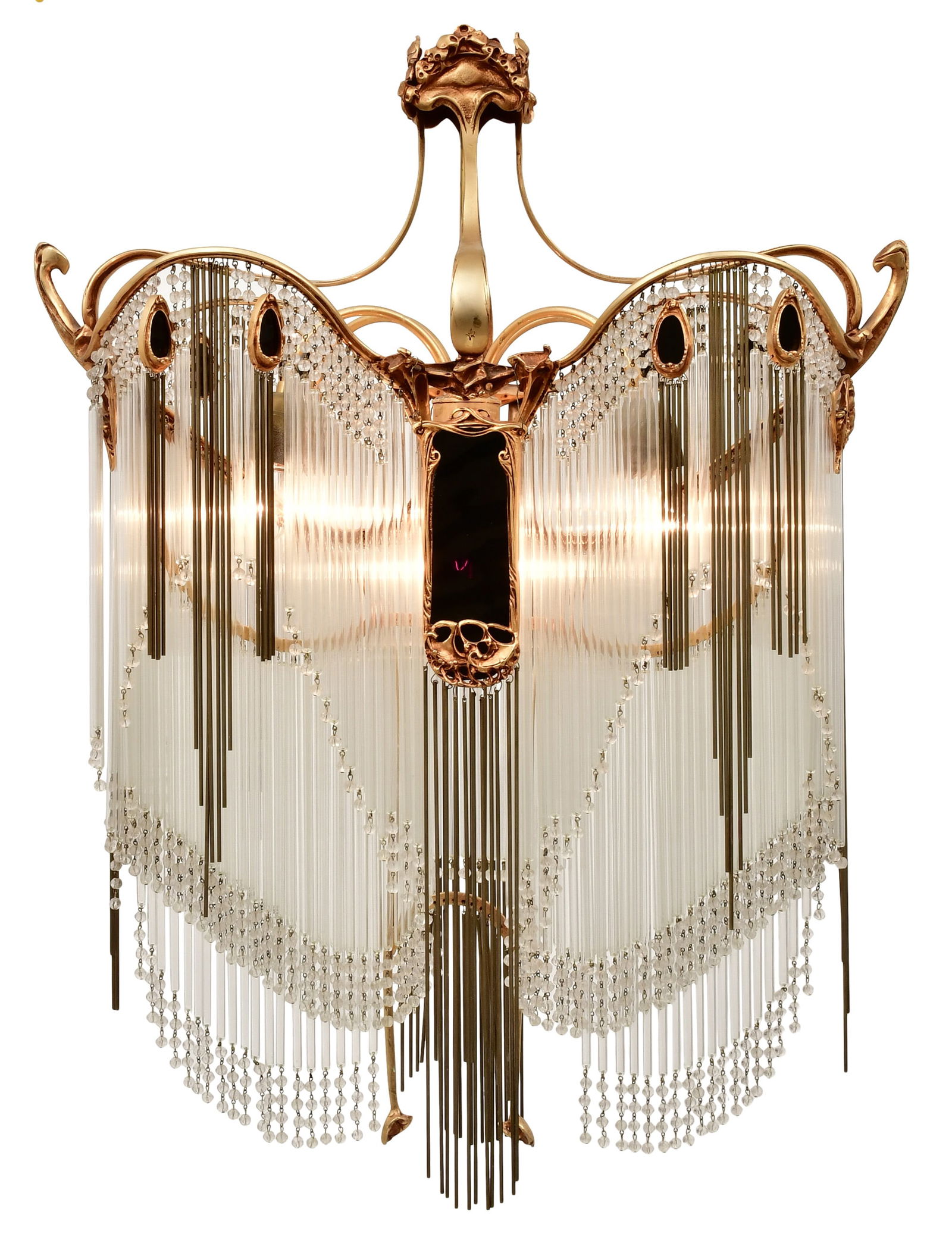 Attr. Hector Guimard (French, 1867-1942), Art Nouveau Bronze & Glass Chandelier: Attributed to Hector Guimard (French, 1867-1942), Art Nouveau Bronze & Glass Chandelier 33 x 25 3/4 x 12 1/2 inches Provenance: Private Collection, Boston, Massachusetts