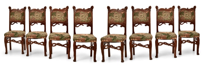 Set of Eight Art Nouveau Walnut Chairs
