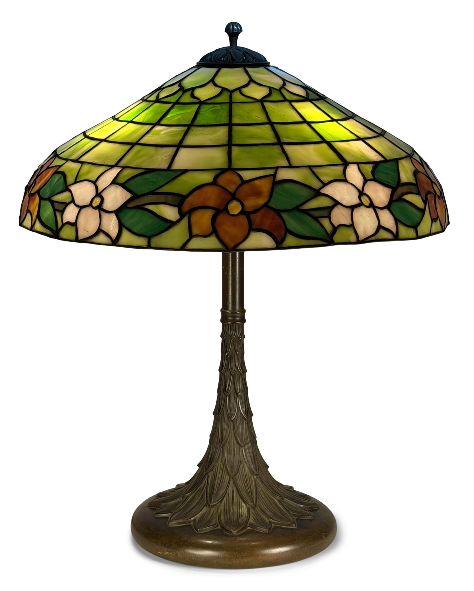 Suess Ornamental Glass Co. Floral Table Lamp: Suess Ornamental Glass Co.Floral Table Lampcirca 1910leaded glass, patinated bronze22 1/2 x 16 inchesProvenance: Private Collection, Rhode Island