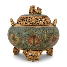 Chinese Cloisonne Enamel & Gilt Bronze Tripod Censer & Cover with Foo Dog, Qing Dynasty