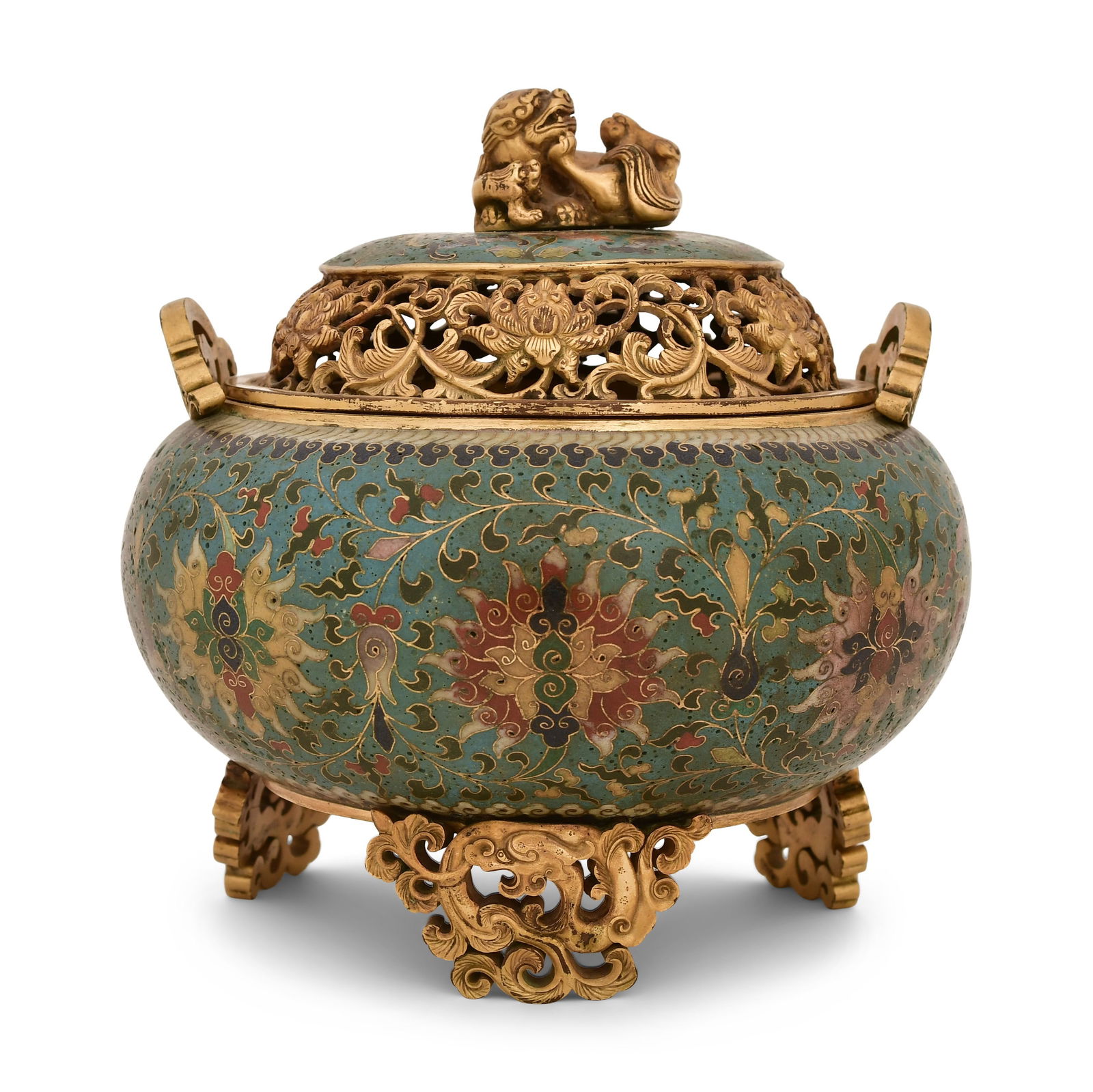 Chinese Cloisonne Enamel & Gilt Bronze Tripod Censer & Cover with Foo Dog, Qing Dynasty: Chinese Cloisonne Enamel & Gilt Bronze Tripod Censer & Cover with Foo Dog, Qing Dynasty6 1/2 x 6 1/2 inchesProvenance: Private Collection, New Jersey