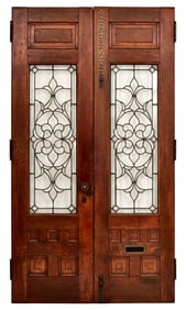 A Pair of American Leaded Glass & Oak Doors with Aesthetic Movement Hardware