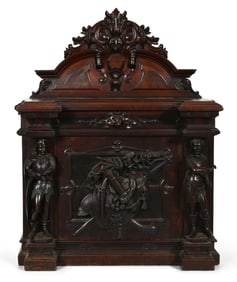 American Carved Walnut Hunt-Theme Credenza