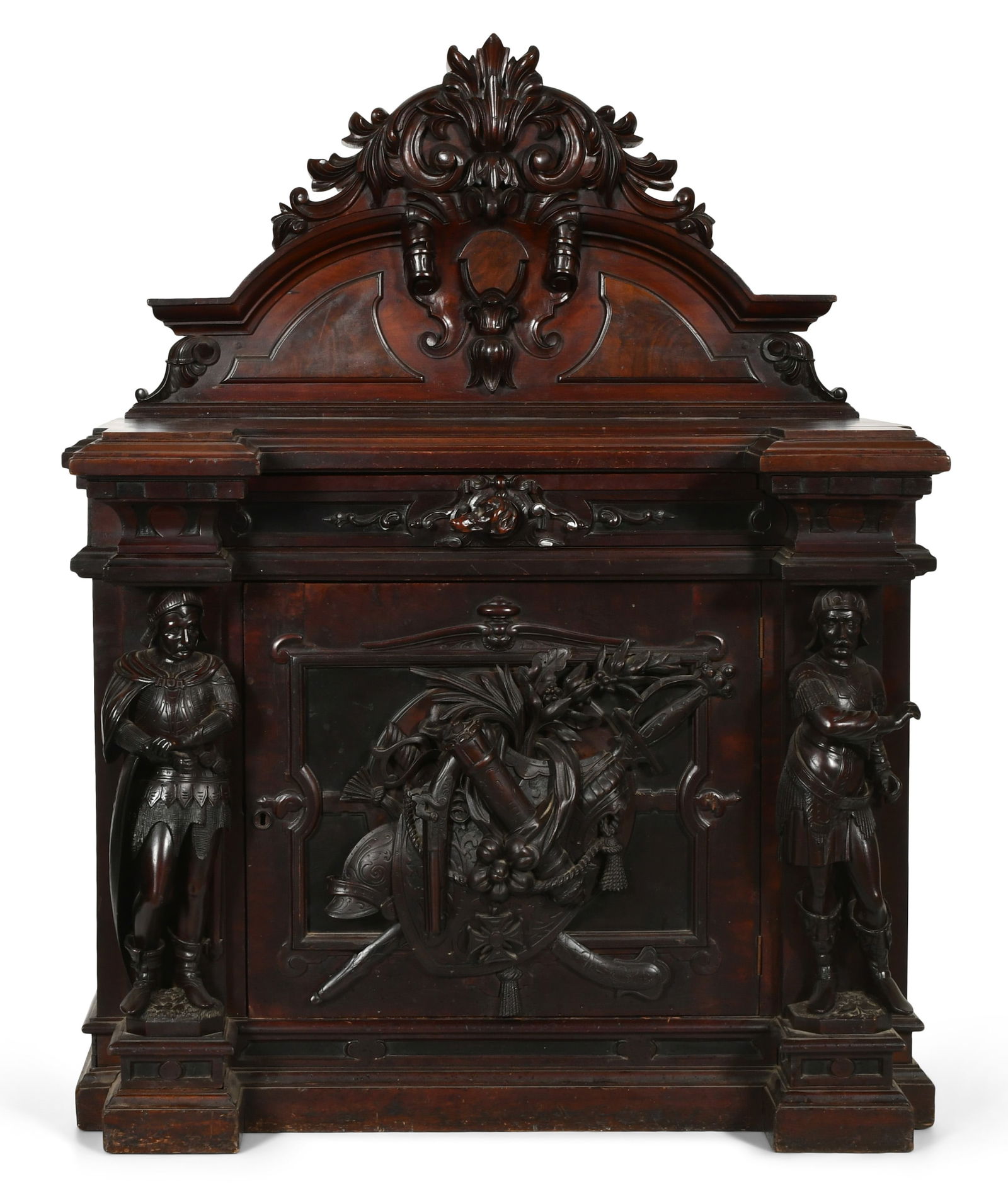 American Carved Walnut Hunt-Theme Credenza: American Carved Walnut Hunt-Theme Credenzalate 19th centurydecorated with a soldier on each side of the center door with detailed carvings of canons and armor, the drawer has a carved dog head turning