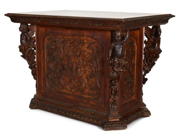 Italian Renaissance Revival Figural Carved Walnut Cabinet