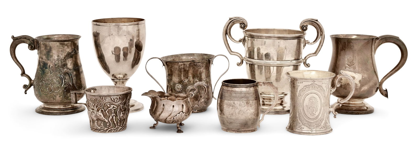 Lot of Nine Sterling Silver Cups & Tankards: Lot of Nine Sterling Silver Cups & Tankards 19th/20th century each stamped with makers marks and hallmarks 6 1/2 x 7 x 4 1/2 inches (largest) 67.20 troy ounces Provenance: Private Collection,