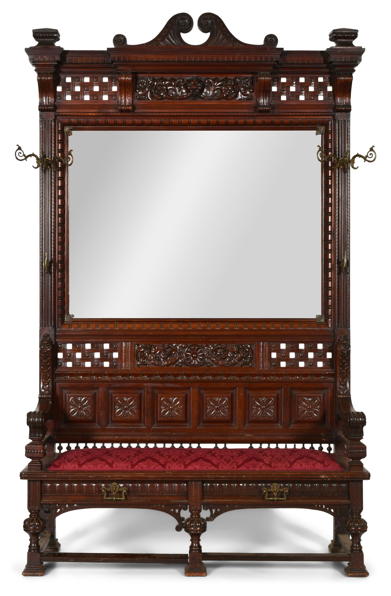 A Fine America Eastlake Mahogany Hall Bench: A Fine America Eastlake Mahogany Hall Bench 19th century 99 1/2 x 66 x 21 inches Provenance: Private Collection, Boston, Massachusetts