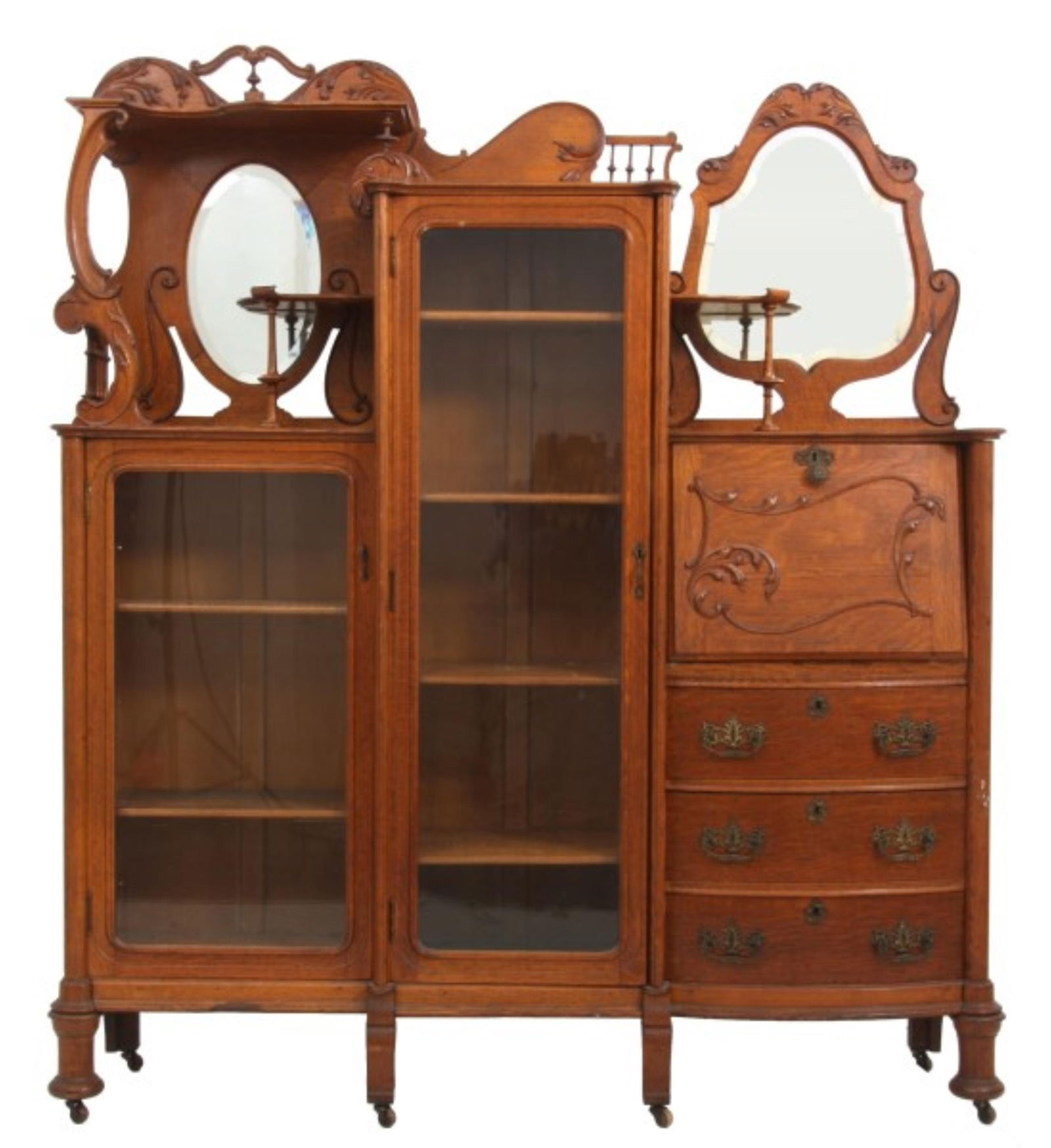 American Oak Side-by-Side Secretary: American Oak Side-by-Side Secretary early 20th century the slanted desk front with drop front writing surface, drawers and compartments in the interior and three bow front drawers below 72 3/4 x 61