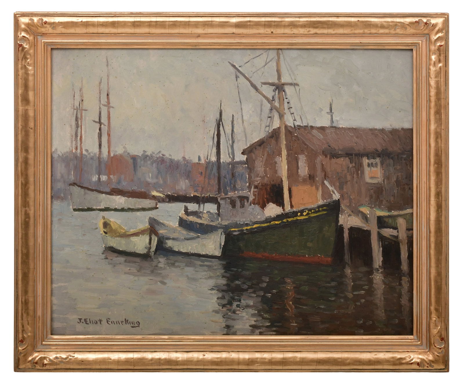 Joseph Eliot Enneking (American, 1881-1942), "Grey Morning": Joseph Eliot Enneking (American, 1881-1942) "Grey Morning" oil on canvas on board signed "J. Eliot Enneking" (lower left) and with exhibition label from the Portland Society of Art (verso) 15 1/2 x