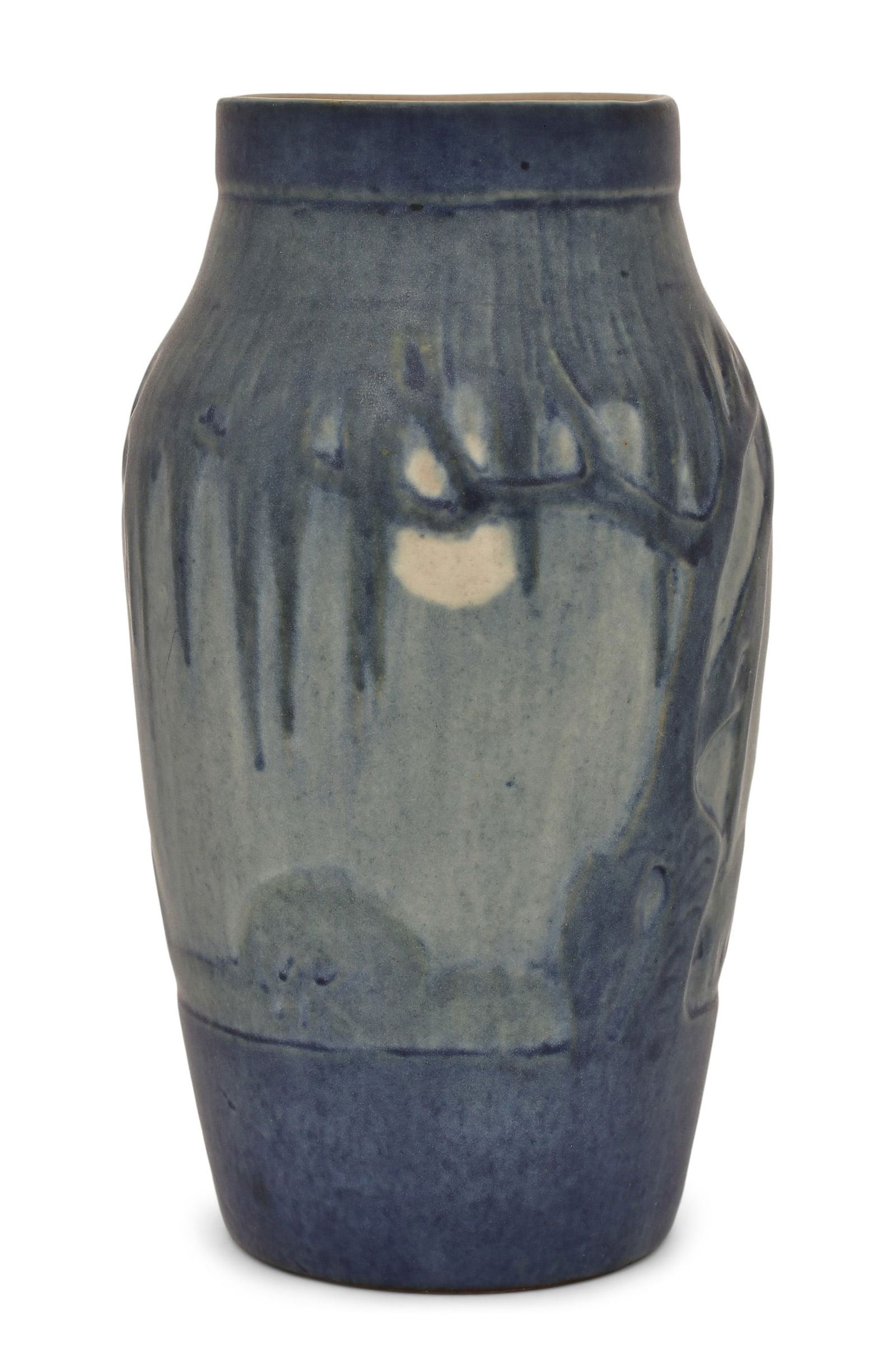 Newcomb College Pottery Scenic Vase with Live Oaks, Spanish Moss & Full Moon, Decorated by Sadie: Newcomb College Pottery Decorated by Sadie Irvine Scenic Vase with Live Oaks, Spanish Moss & Full Moon circa 1928 glazed earthenware marked "NC / 33 / RE47" and artist signed 6 x 3 1/4 inches 