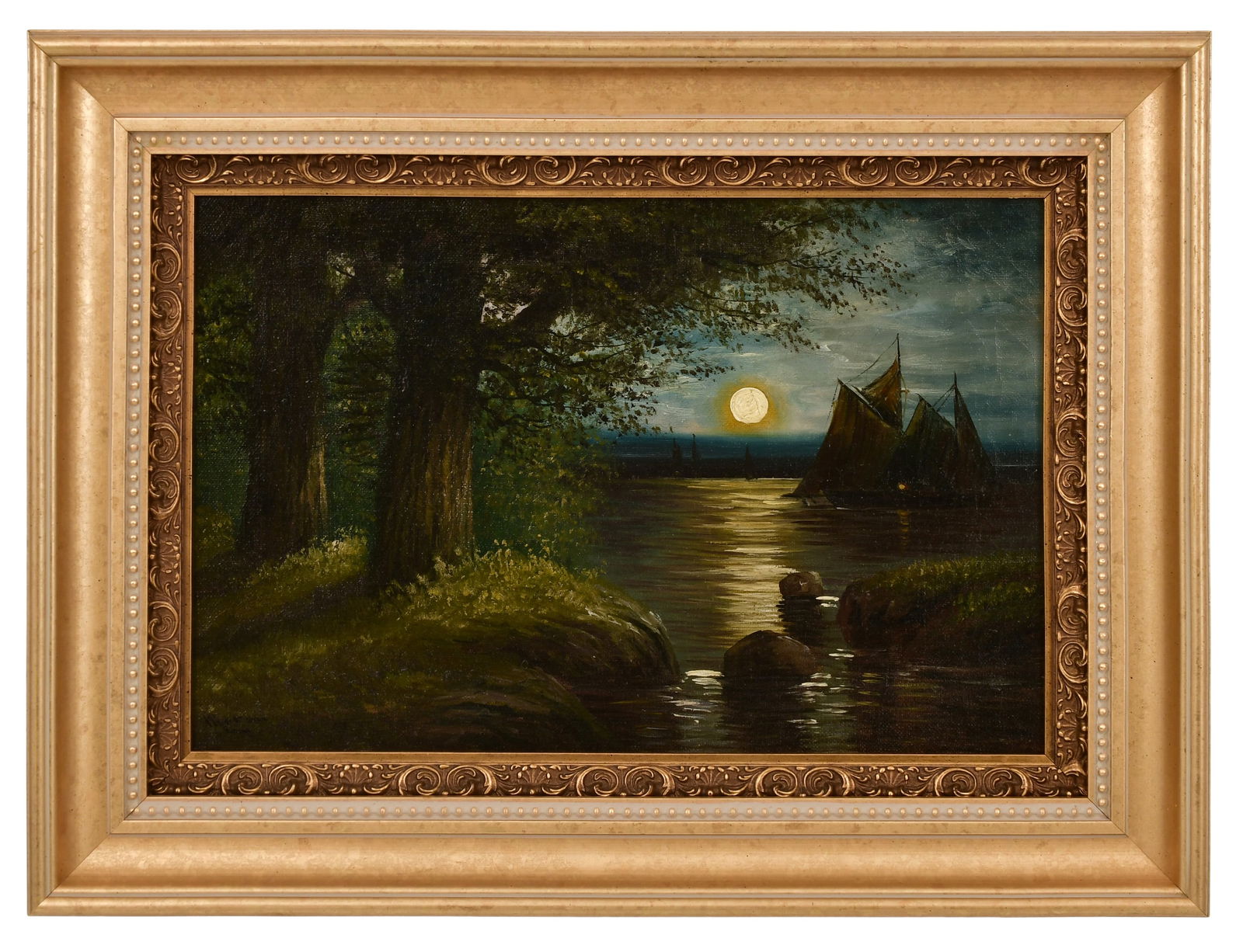 Edward Percy Moran (American, 1829-1901), Moonlit Landscape with Sail Ship: Edward Percy Moran (American, 1829-1901) Moonlit Landscape with Sail Ship oil on canvas signed "Moran" (lower left) 11 1/4 x 17 1/4 inches (sight) 18 x 24 inches (frame)