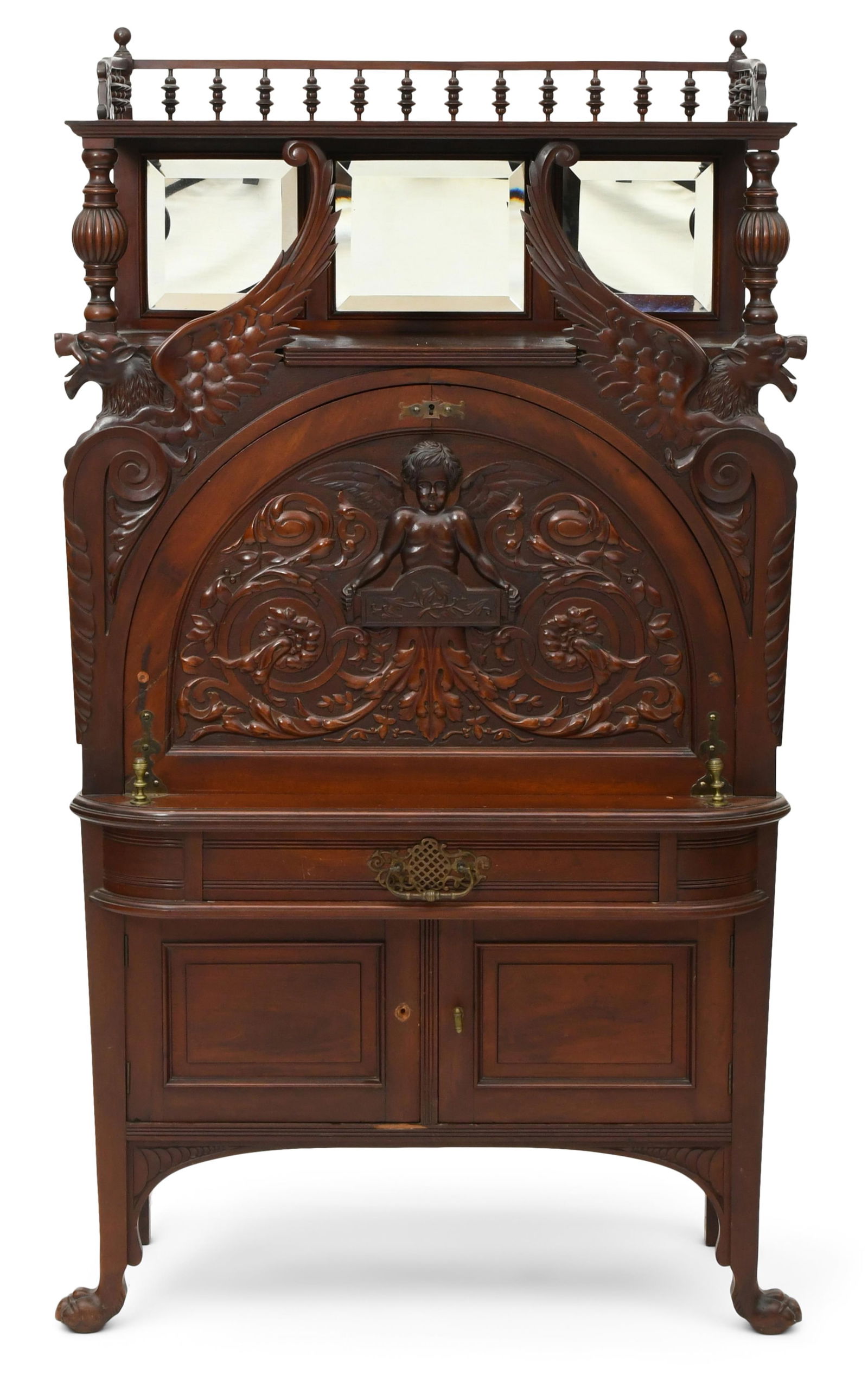 Attr. R.J. Horner & Co. Carved Mahogany Drop-Front Desk: Attributed to R.J. Horner & Co.(New York, 1886-1915)Drop-Front Desk with Winged Griffinscirca 1890carved mahogany64 x 36 x 18 1/2 inchesProvenance: Private Collection, Boston, Massachusetts
