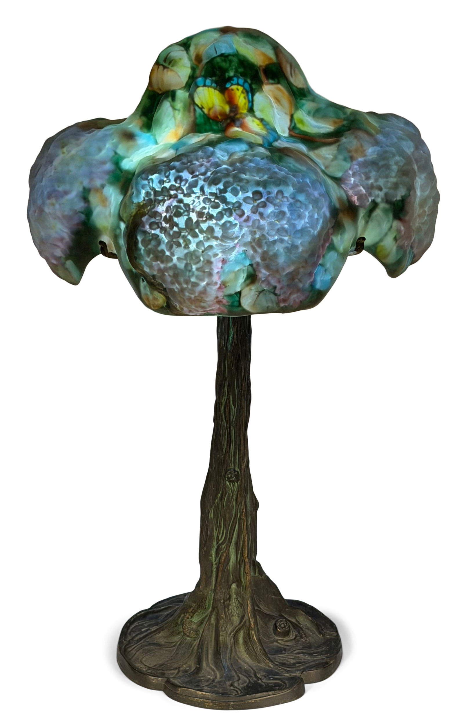 Pairpoint Puffy "Lilac" Table Lamp: PairpointPuffy "Lilac" Table Lampearly 20th centuryreverse painted glass, plated metalbase marked "Pairpoint Mfg. Co., (p-diamond), 3092"25 x 15 inchesProvenance: Private Collection, Connecticut