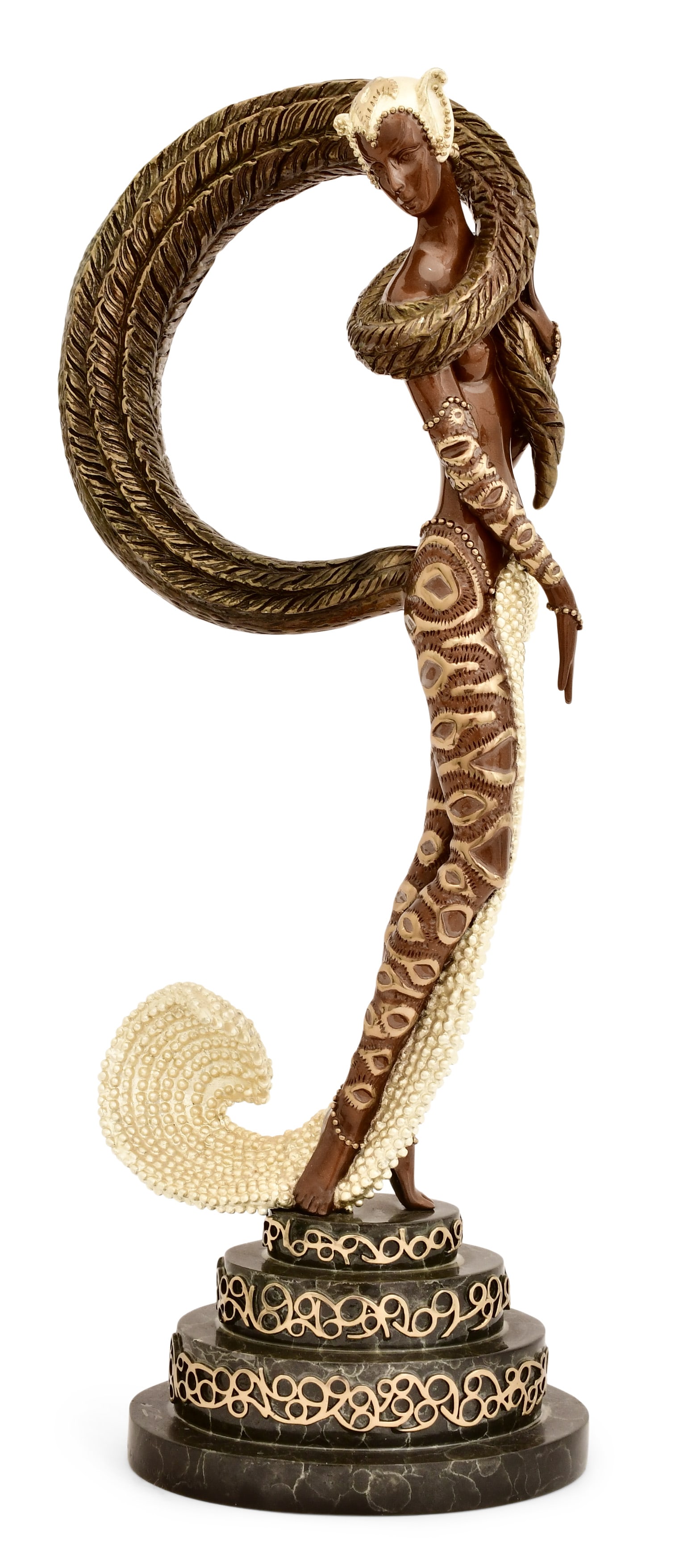 Erté (Russian/French, 1892-1990), "Masquerade": Erté (Romain de Tirtoff) (Russian/French, 1892-1990) "Masquerade" polychrome bronze, beaded accents, marble base signed "Erté" and stamped "1988, Chalk & Vermilion and Seven Arts, 258/375"