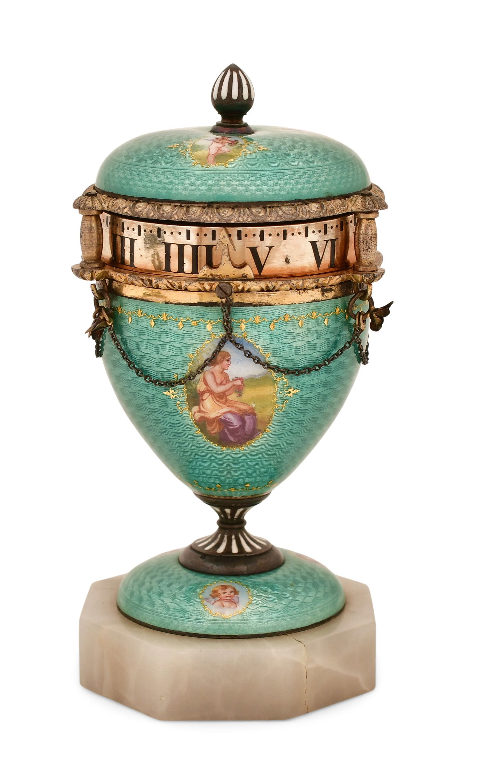 French Guilloche Enamel & Gilt Bronze Annular Clock: French Guilloche Enamel & Gilt Bronze Annular Clock circa 1900 the case decorated with hand-painted scenes of classical figures, on an onyx base 4 1/4 x 2 1/2 inches Provenance: Private Collection,