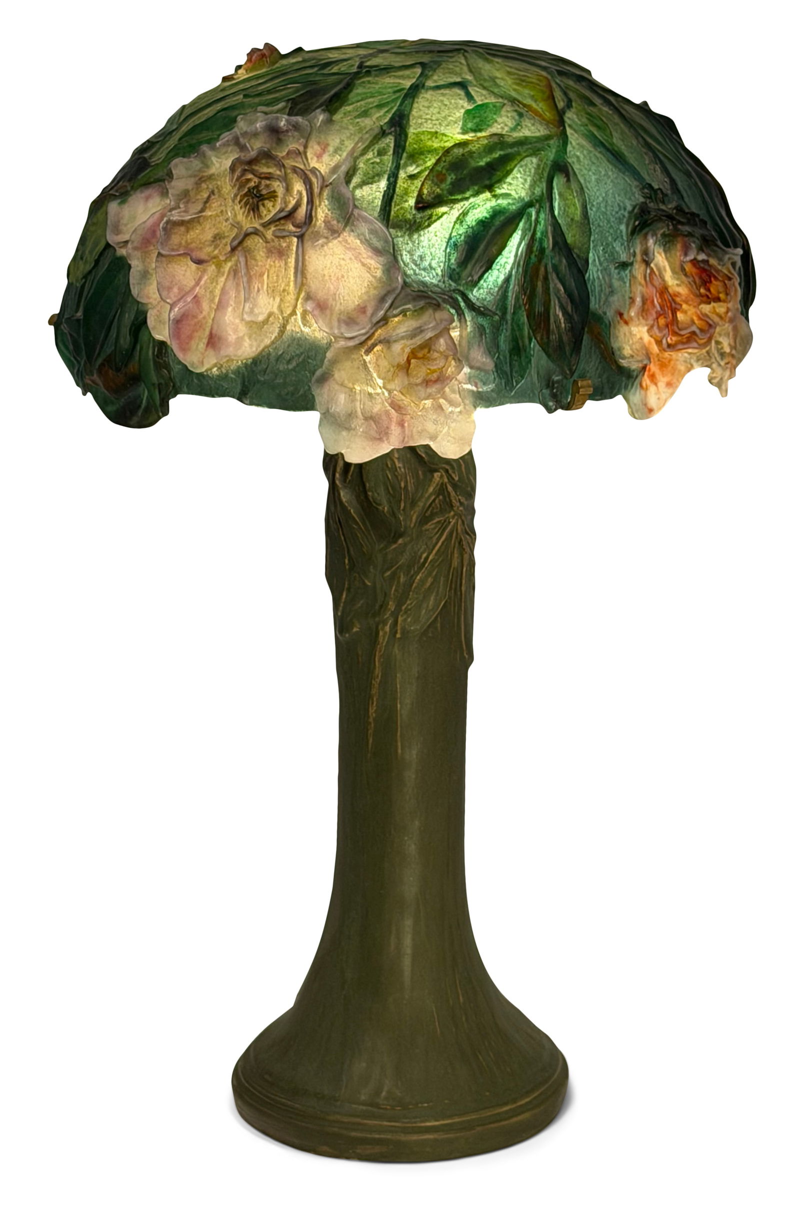 Stelz Studios Pate de Verre "Peony" Table Lamp: Stelz Studios (New Jersey, est. 1980) Steven Stelz (artist) "Peony" Table Lamp pate de verre glass, earthenware shade marked "Stelz" base marked "Stelz Studios, (monogram) / Peace Valley Tile, New