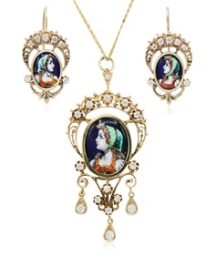 14K Yellow Gold, Diamond & French Hand Painted Portrait Demi Parure