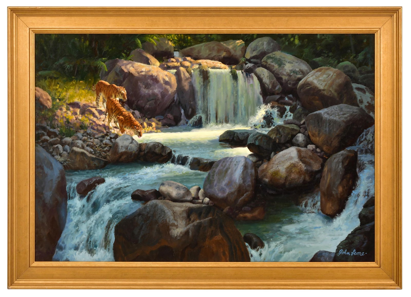 John Leone (American, 1929-2011), Tigers by a Waterfall: John Leone (American, 1929-2011) Tigers by a Waterfall oil on board signed "John Leone" (lower right) 23 1/2 x 35 1/2 inches (sight) 29 x 41 inches (frame) Provenance: Private Collection, New York