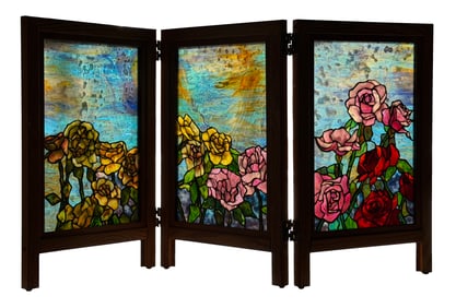American Leaded Glass Floral Three-Panel Screen by Joe Porcelli