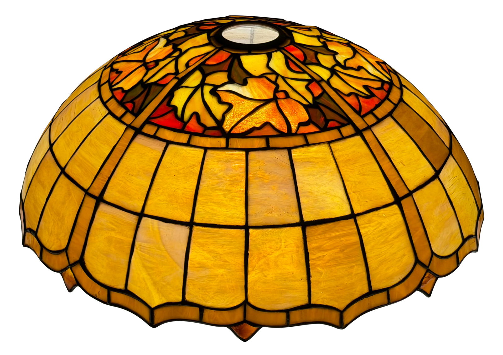 Duffner & Kimberly "Autumn Leaf" Table Lamp Shade: Duffner & Kimberly Co. (New York, est. 1905) "Autumn Leaf" Table Lamp Shade early 20th century leaded glass, patinated metal 8 1/2 x 20 inches Provenance: Important Private Collection