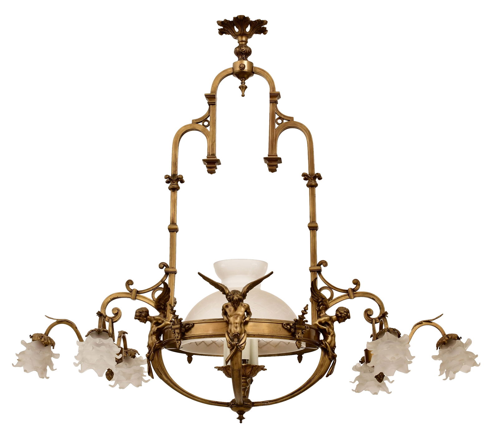 French Gilt Bronze & Frosted Glass Figural Chandelier (1 of 10)