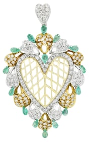 14K Yellow Gold, White Gold, Diamond & Emerald Heart Pendant