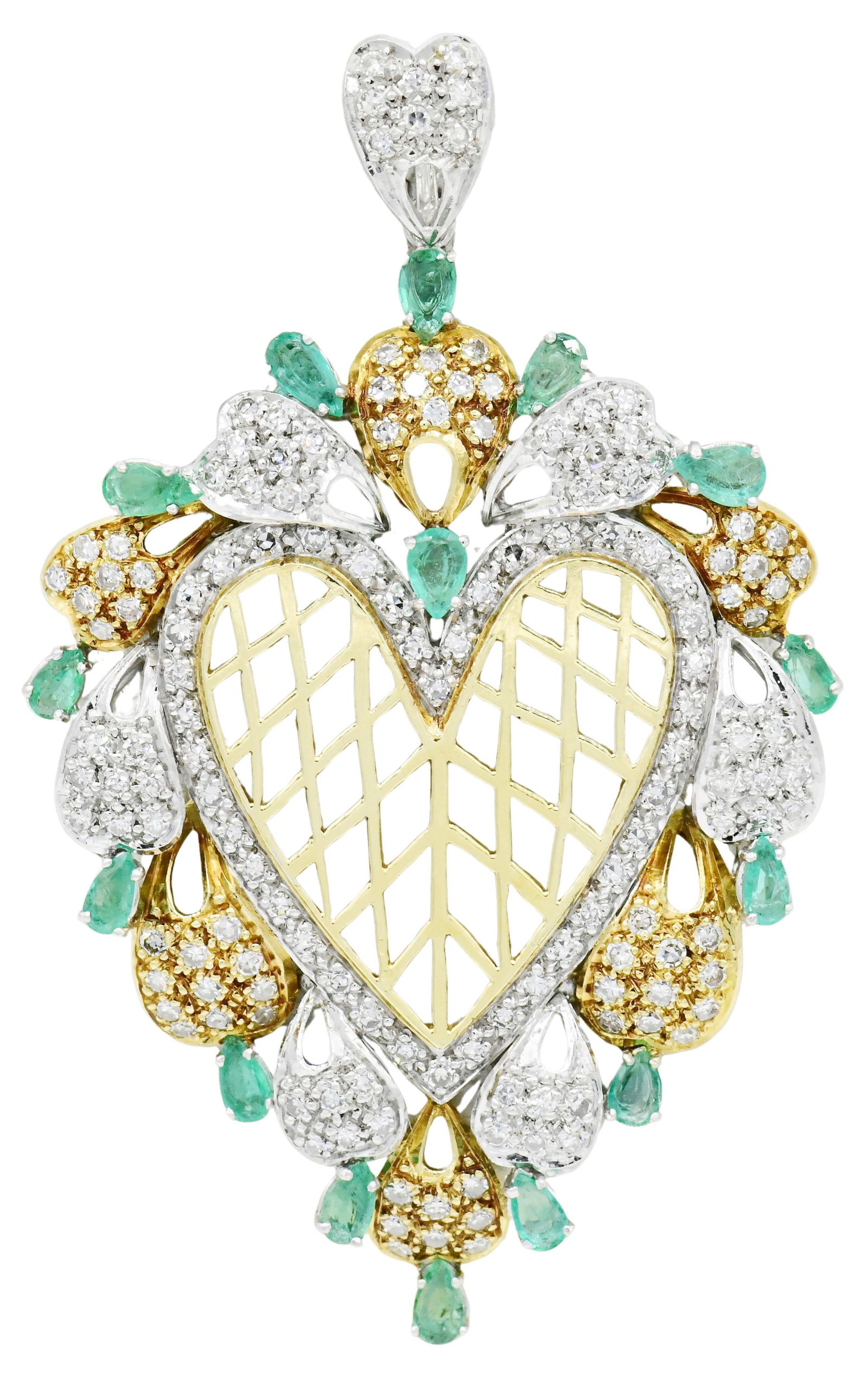 14K Yellow Gold, White Gold, Diamond & Emerald Heart Pendant: 14K Yellow Gold, White Gold, Diamond & Emerald Heart Pendant• set with faceted pear shaped emeralds weighing a total of 2.55 carats• accented by single cut diamonds weighing a total of 5.2