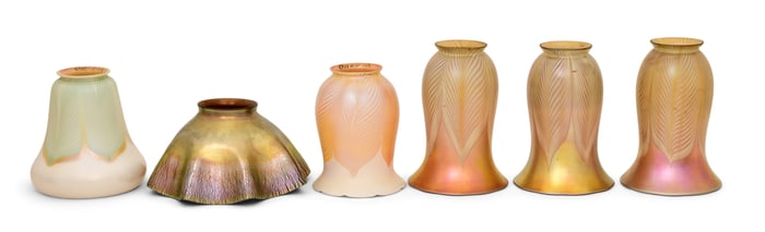 A Tiffany Studios Favrile Glass Shade, Two Quezal Glass Shades and Three Steuben Glass Shades