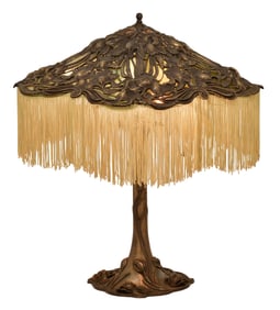 Meriden Britannia Co. Art Nouveau Floral Metal Overlay Glass Table Lamp