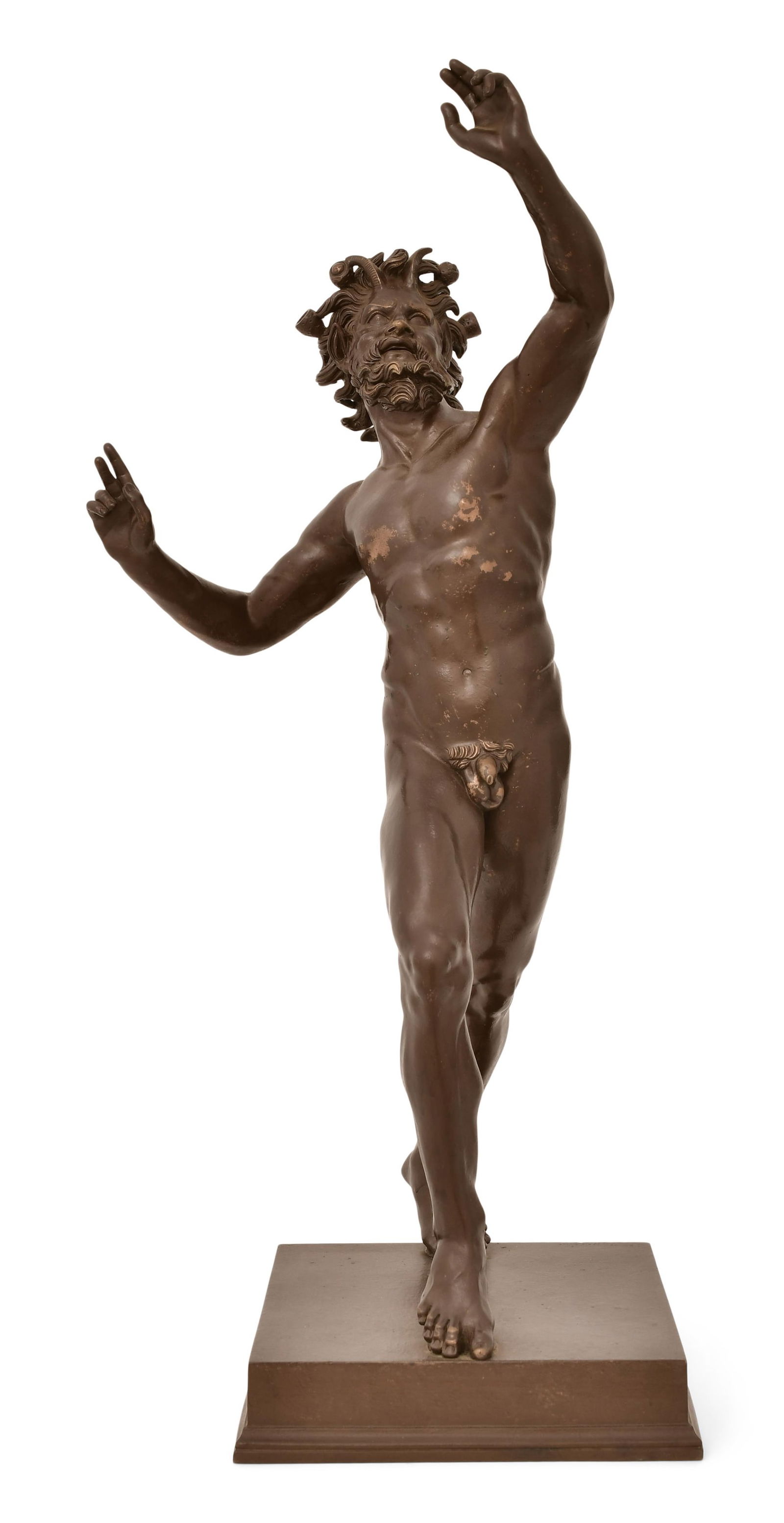 Italian Bronze Sculpture of the Dancing Faun of Pompeii, Sabatino De Angelis & Fils, Naples: Italian Bronze Sculpture of the Dancing Faun of Pompeii, Sabatino De Angelis & Fils, Naples circa 1908 marked "Sab. De Angelis & Fils, Naples, 1908" 31 x 14 x 11 3/4 inches Provenance: Private