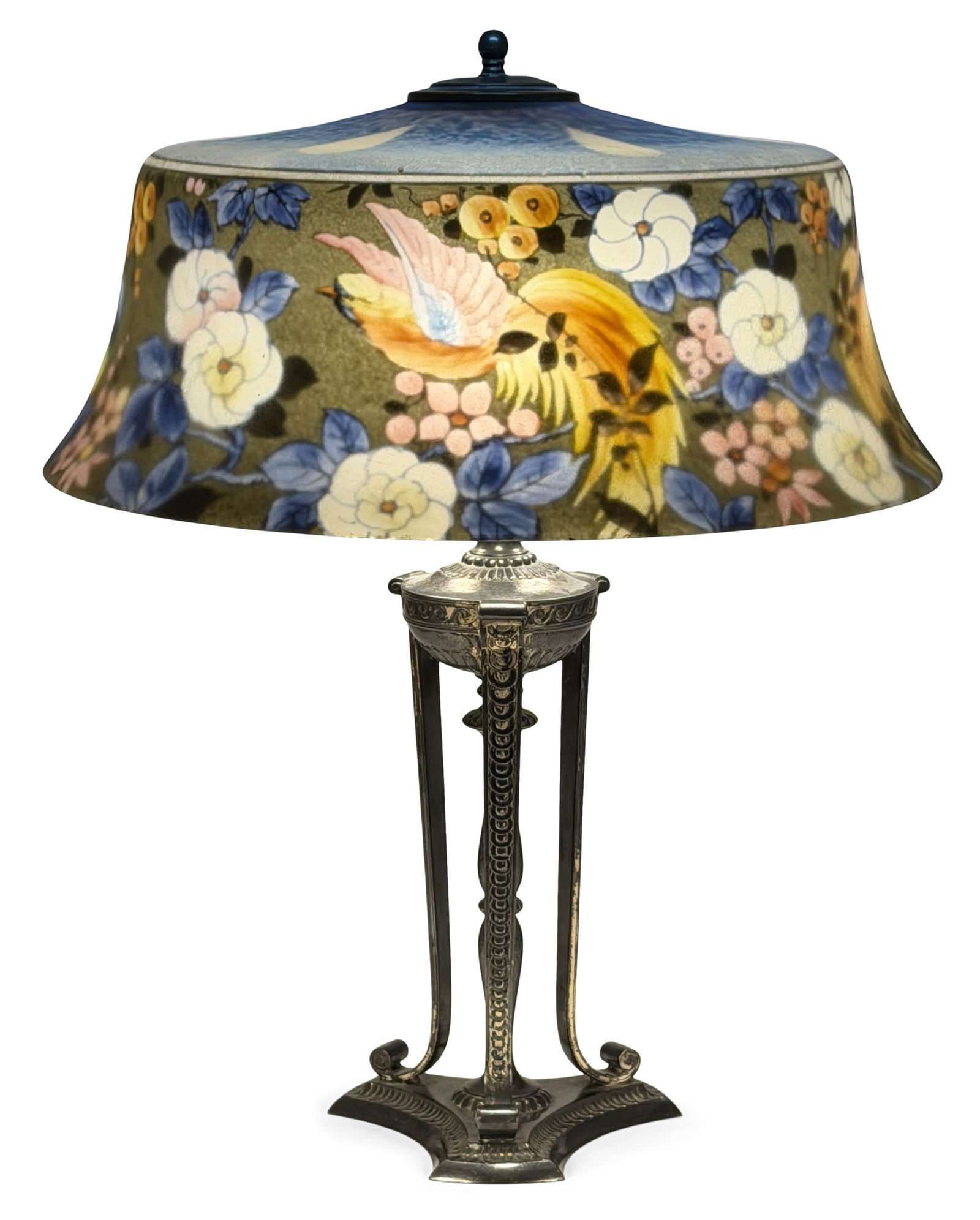 Pairpoint "Birds of Paradise" Table Lamp: Pairpoint "Birds of Paradise" Table Lamp early 20th century reverse painted glass, plated metal base marked "Pairpoint, D3070" 22 1/4 x 18 inches Provenance: Private Collection, Maryland
