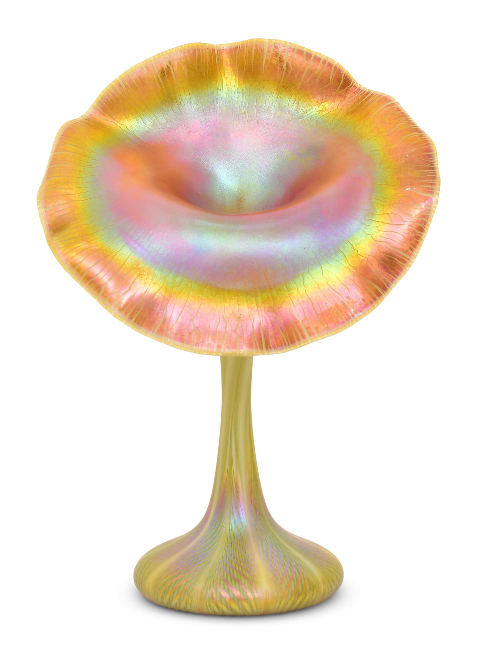 Quezal Art Glass "Jack-in-the-Pulpit" Vase: Quezal Art Glass and Decorating Company (New York, 1901-1924) "Jack-in-the-Pulpit" Vase circa 1915 iridescent glass each marked "Quezal / G568" 10 1/2 x 7 1/2 x 4 1/2 inches Provenance: Private