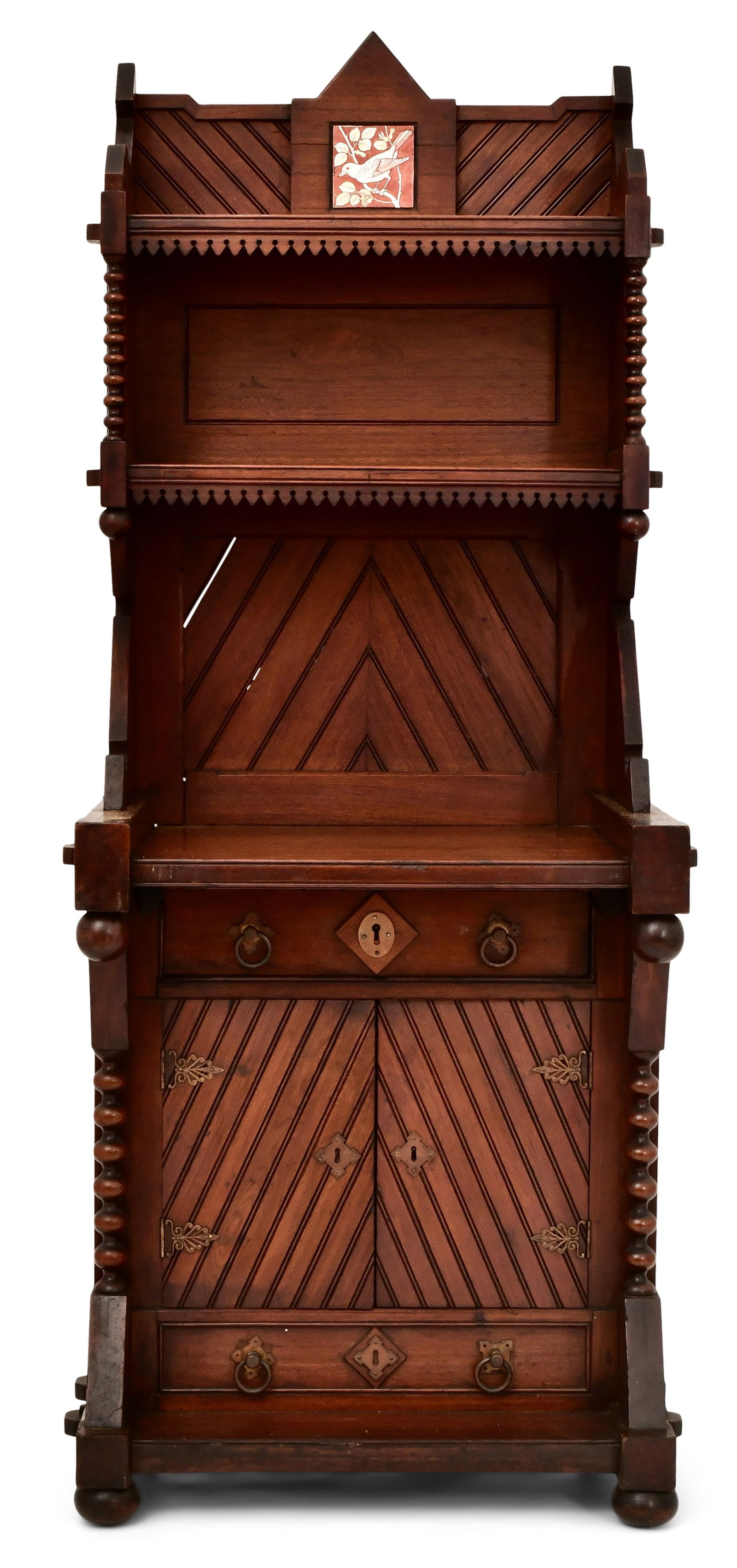 Attr. Kimbel & Cabus (New York, 1862-1882), Modern Gothic Cabinet: Attributed to Kimbel & Cabus (New York, 1862-1882) Modern Gothic Cabinet circa 1875 walnut, glazed earthenware, brass 70 x 19 1/2 x 21 inches Provenance: Private Collection, Pennsylvania