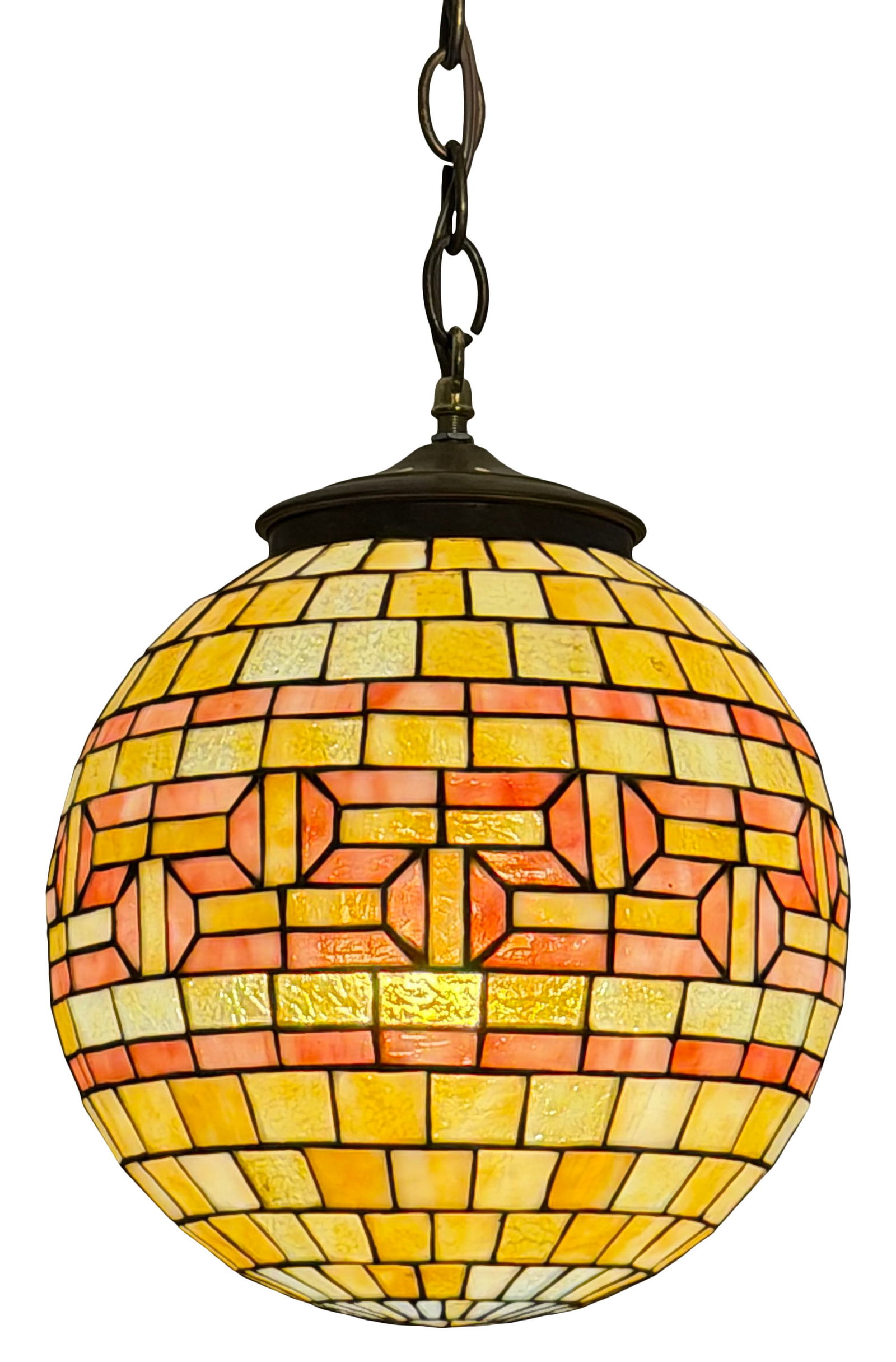 Attr. Unique Art Glass & Metal Co. Geometric Globe Ceiling Light: Attr. Unique Art Glass & Metal Co. Geometric Globe Ceiling Light early 20th century leaded glass, patinated metal 12 x 10 inches Provenance: Important Private Collection
