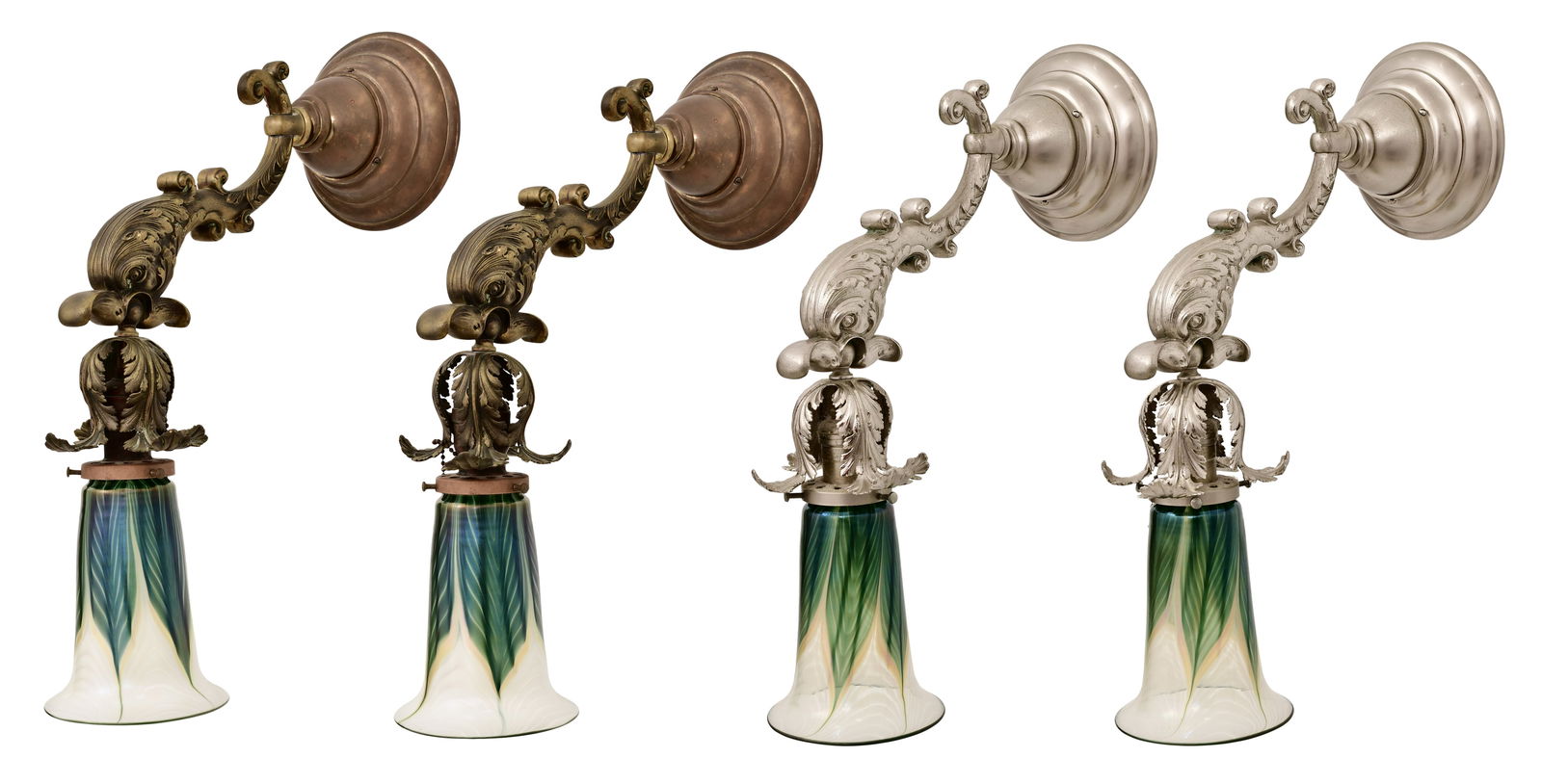 Set of American Bronze Dolphin Sconces with Art Glass Shades (1 of 14)