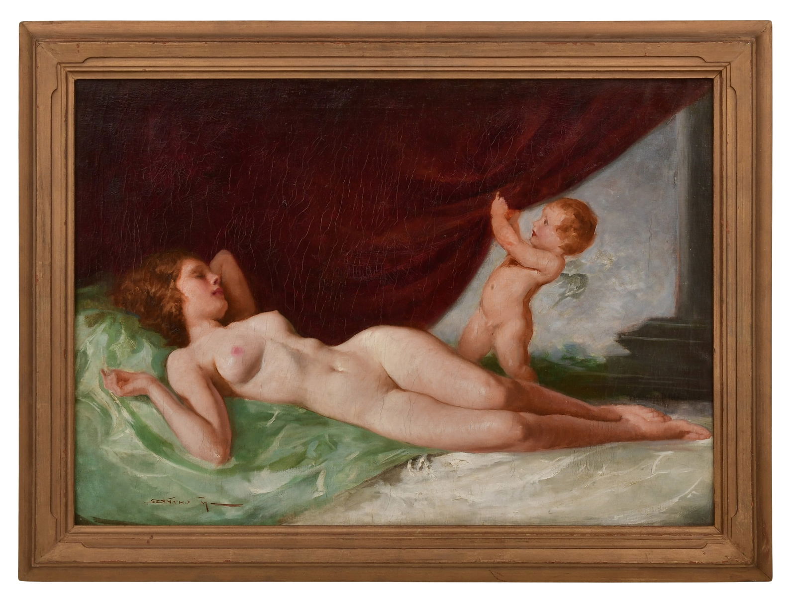 Maria Szantho (Hungarian, 1897-1998), Reclining Nude with Cherub: Maria Szantho(Hungarian, 1897-1998)Reclining Nude with Cheruboil on canvassigned "Szantho, M" (lower left)19 x 27 inches (sight)24 x 32 inches (frame)Provenance: Private Collection, Boston,