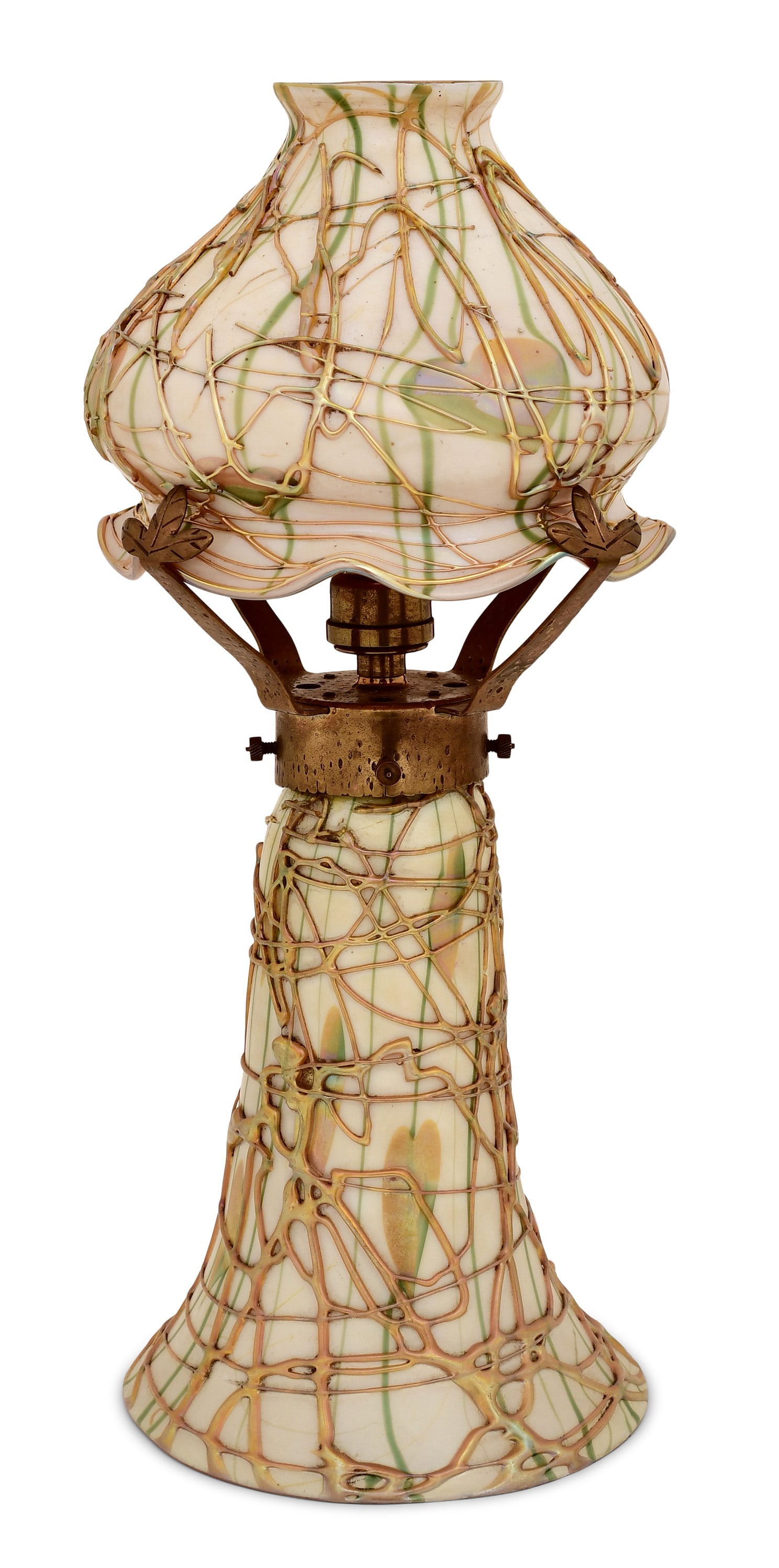 Fostoria Glass "Heart & Vine" Table Lamp: Fostoria Glass "Heart & Vine" Table Lamp early 20th century 14 x 5 3/4 inchesProvenance: Private Collection, Orchard Park, New YorkOther Notes: Fontaine's Auction Gallery can arrange shipping for this