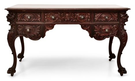 American Figural Carved Mahogany Partner's Desk with Griffins
