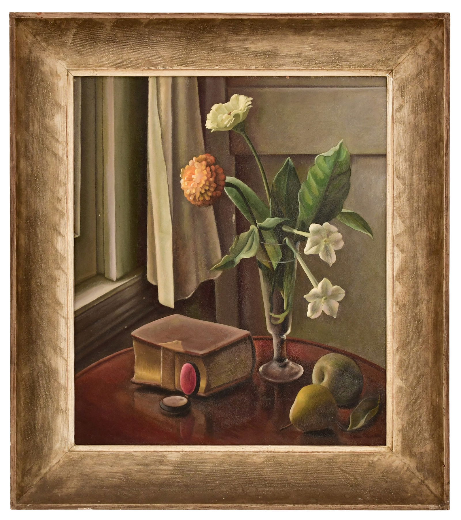 Edna Reindel (American, 1894-1990), Still Life with Flowers, Fruit and a Book (1 of 3)