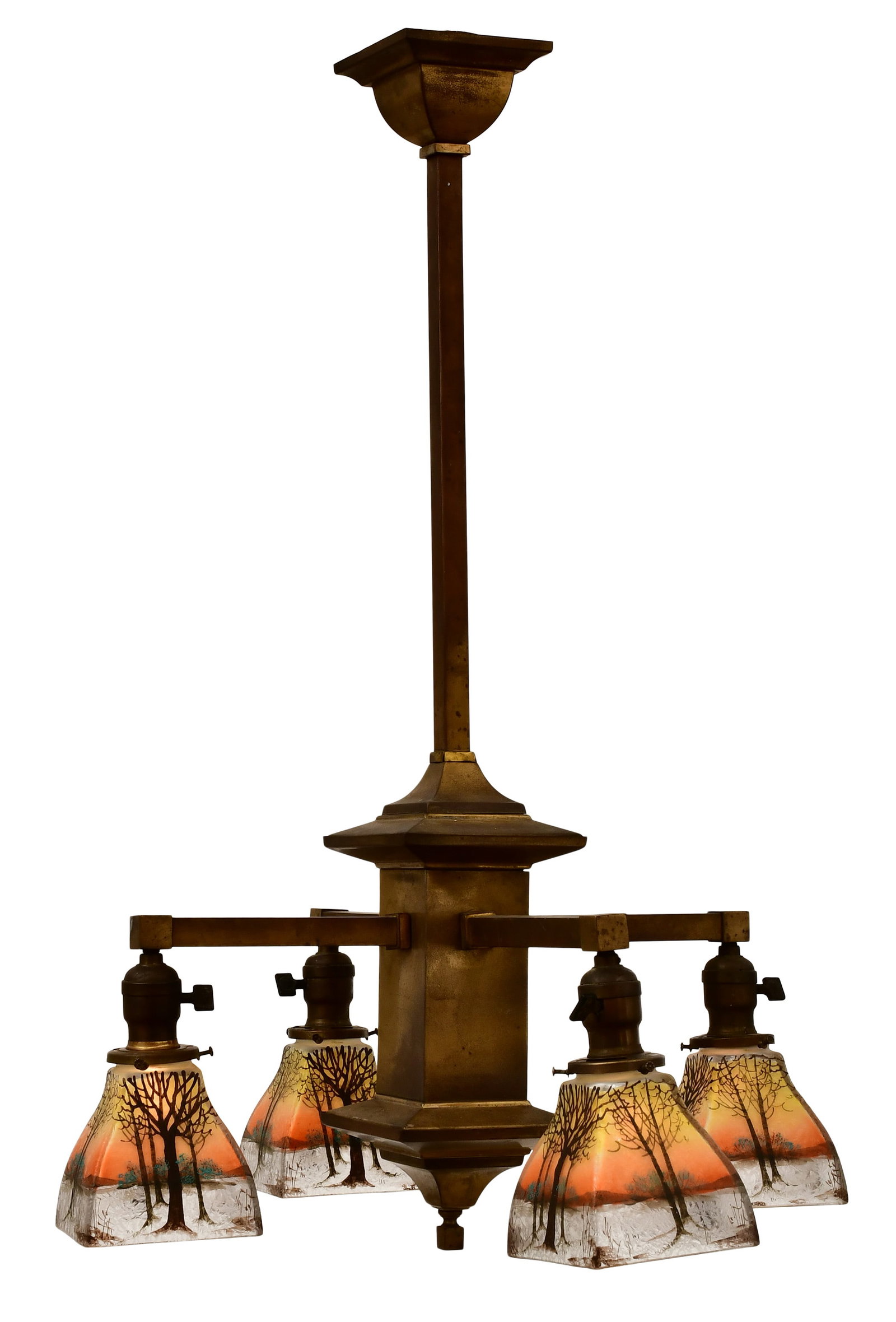 American Arts & Crafts Chandelier with Jefferson Winter Landscape Glass Shades (1 of 7)