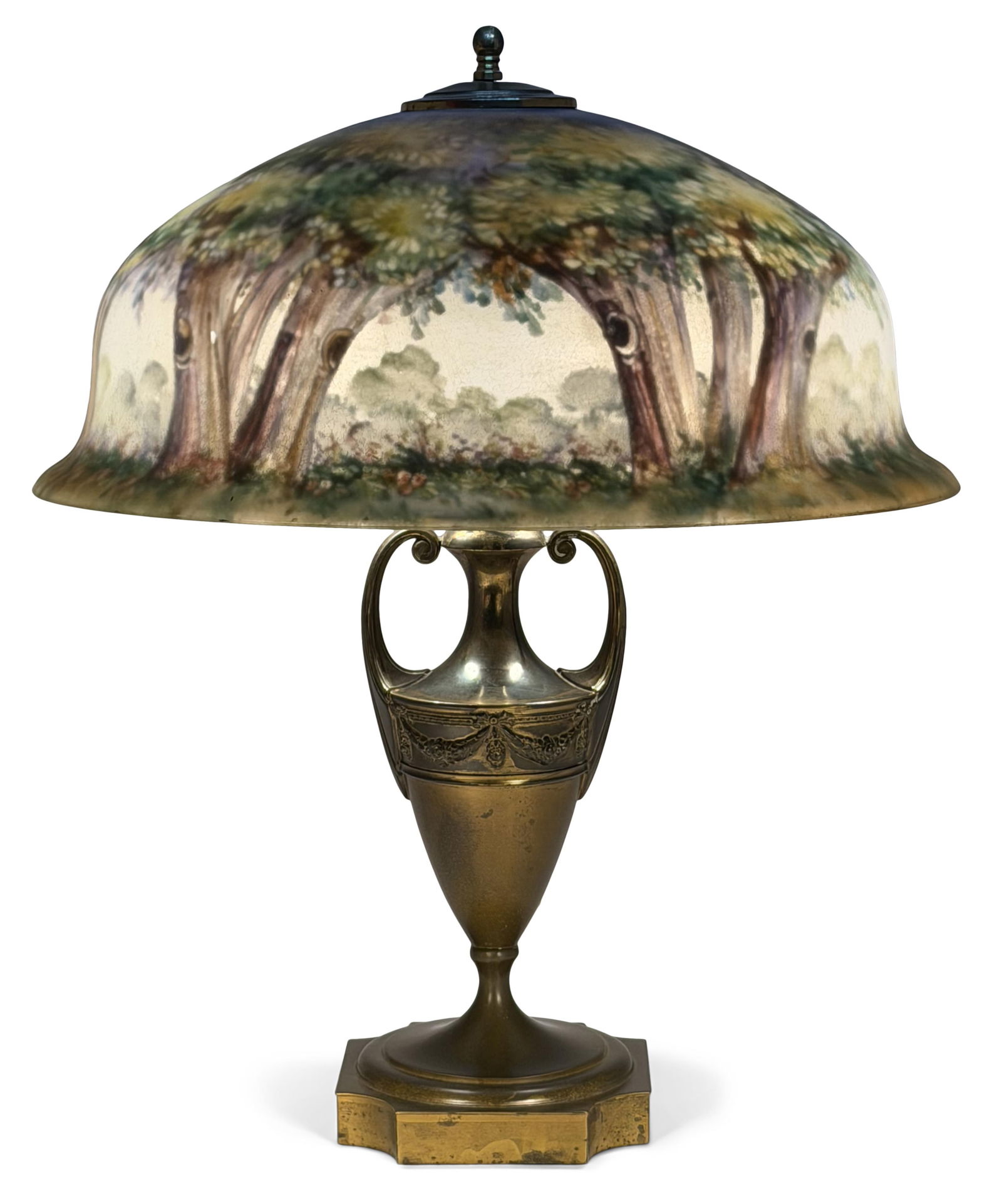 Pairpoint "Apple Tree" Table Lamp, Decorated by H. Fisher: PairpointDecorated by H. Fisher"Apple Tree" Table Lampearly 20th centurywith a "Berkeley" shadereverse painted glass, gilt metalshade artist signed "H. Fisher"base marked "Pairpoint, (p-diamond), D301