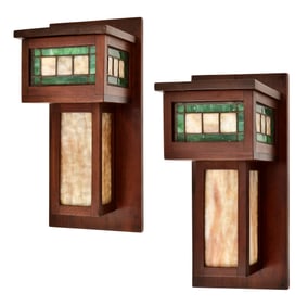 A Pair of Prairie School Walnut & Leaded Glass Sconces